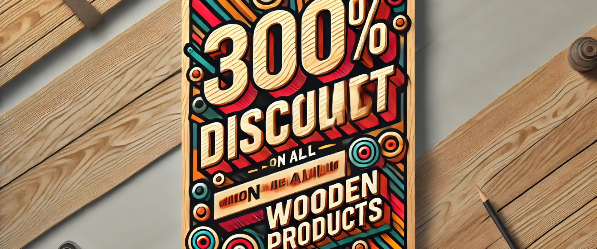 DALL·E 2024-11-11 00.37.22 - A promotional banner highlighting a 30_ discount on all wooden products. The design includes bold, eye-catching text with a bright, vibrant background