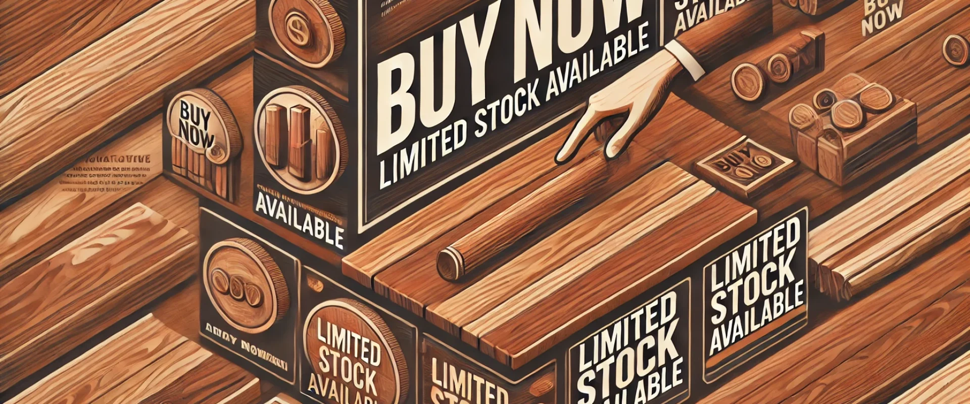 DALL·E 2024-11-11 00.37.33 - A motivational banner encouraging customers to purchase wooden products, using phrases like 'Buy Now' or 'Limited Stock Available'. The background fea